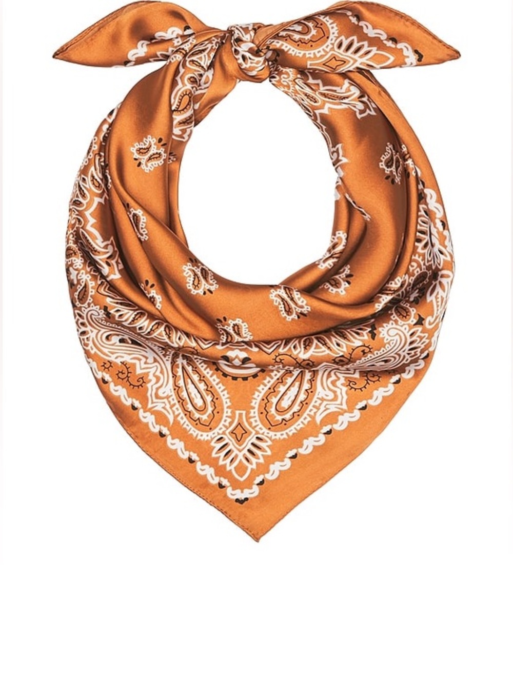 Lovers + Friends. NEW. Fall 2026. Paisley Satin Bandana Scarf in Rusty Orange